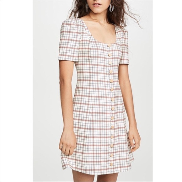 Nicholas Plaid Button Front Puff Sleeve Mini Dress Linen Blend Cream Red Size 2 - Picture 2 of 12